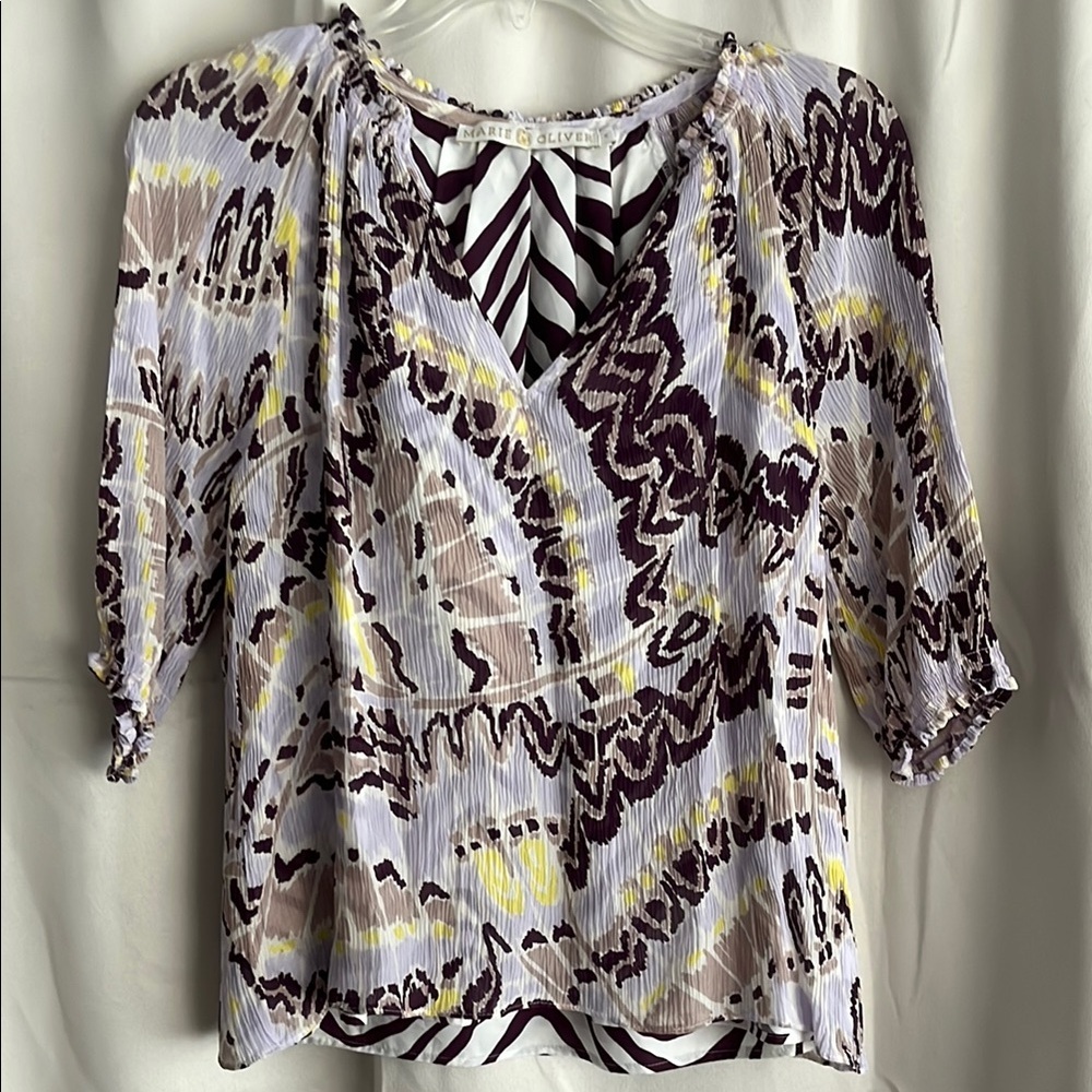 Marie Oliver Crinkle Gauze Silk Blend Blouse Top Lined Purple Yellow‎ Size Small